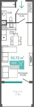 1-к квартира, строящийся дом, 51м2, 2/9 этаж