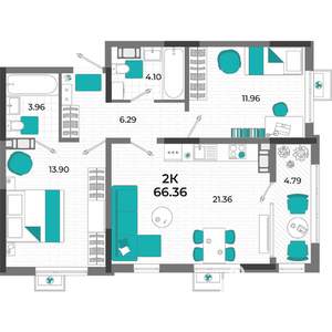 2-к квартира, вторичка, 66м2, 6/13 этаж