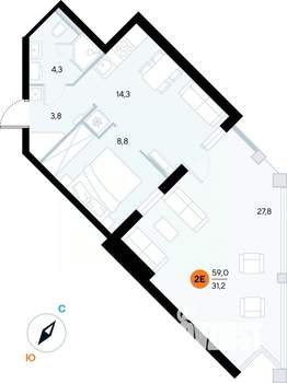 1-к квартира, строящийся дом, 58м2, 2/7 этаж