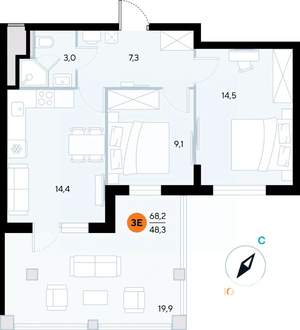 2-к квартира, строящийся дом, 68м2, 3/7 этаж