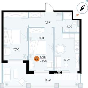 2-к квартира, строящийся дом, 74м2, 5/7 этаж