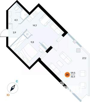 1-к квартира, строящийся дом, 59м2, 1/7 этаж