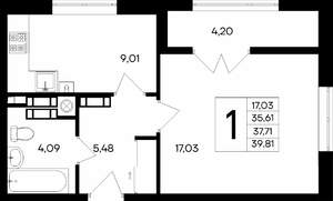 1-к квартира, строящийся дом, 40м2, 8/9 этаж