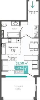1-к квартира, строящийся дом, 53м2, 2/9 этаж