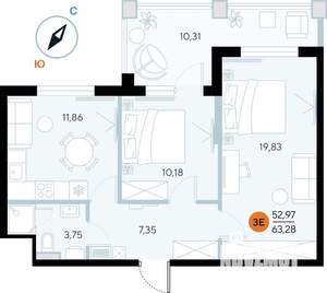 2-к квартира, строящийся дом, 63м2, 7/9 этаж