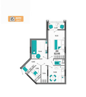2-к квартира, вторичка, 53м2, 6/13 этаж