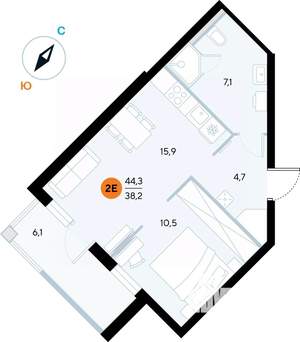 1-к квартира, строящийся дом, 44м2, 4/7 этаж