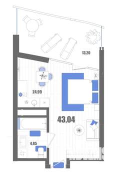 Студия квартира, строящийся дом, 43м2, 2/22 этаж