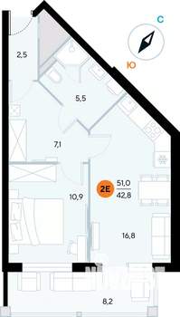 1-к квартира, строящийся дом, 51м2, 5/7 этаж