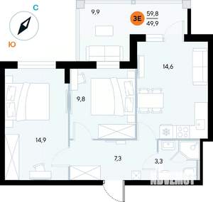 2-к квартира, строящийся дом, 60м2, 2/7 этаж