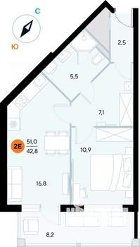 1-к квартира, строящийся дом, 51м2, 4/7 этаж