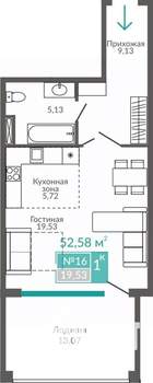 1-к квартира, строящийся дом, 53м2, 2/9 этаж