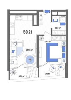 1-к квартира, строящийся дом, 50м2, 18/22 этаж