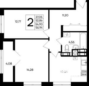 2-к квартира, строящийся дом, 57м2, 7/8 этаж