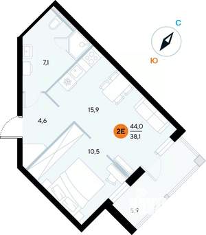 1-к квартира, строящийся дом, 44м2, 6/7 этаж