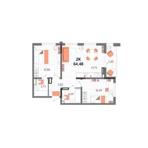 2-к квартира, строящийся дом, 64м2, 7/13 этаж