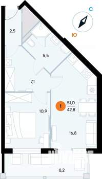 1-к квартира, строящийся дом, 51м2, 4/7 этаж