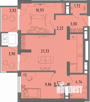 2-к квартира, вторичка, 57м2, 8/16 этаж