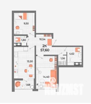 2-к квартира, вторичка, 58м2, 7/13 этаж