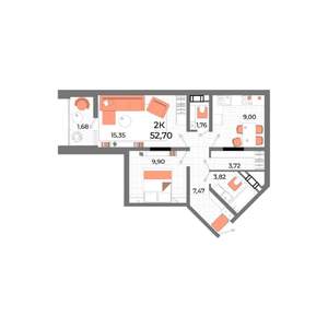 2-к квартира, строящийся дом, 49м2, 7/13 этаж