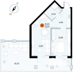 1-к квартира, строящийся дом, 74м2, 2/9 этаж