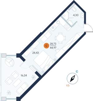 Студия квартира, строящийся дом, 45м2, 1/9 этаж