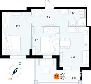 2-к квартира, строящийся дом, 61м2, 3/7 этаж