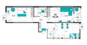 2-к квартира, вторичка, 65м2, 7/13 этаж