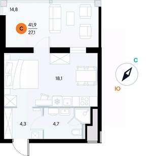 Студия квартира, строящийся дом, 42м2, 4/7 этаж