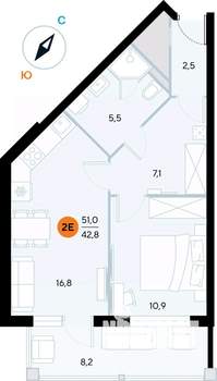 1-к квартира, строящийся дом, 51м2, 4/7 этаж