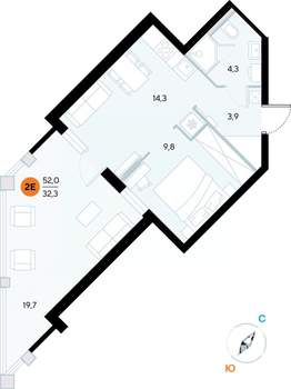 1-к квартира, строящийся дом, 52м2, 2/7 этаж