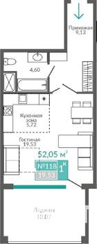 1-к квартира, строящийся дом, 52м2, 8/9 этаж