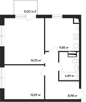 2-к квартира, строящийся дом, 55м2, 2/4 этаж