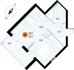 1-к квартира, строящийся дом, 38м2, 4/7 этаж