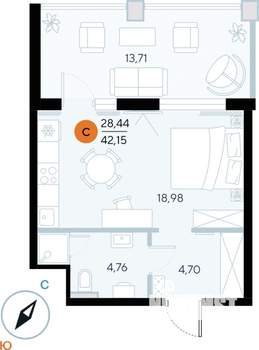 Студия квартира, строящийся дом, 42м2, 7/7 этаж