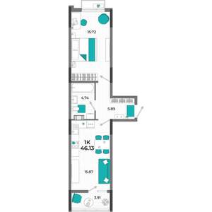 1-к квартира, вторичка, 46м2, 5/13 этаж