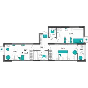 2-к квартира, вторичка, 65м2, 7/13 этаж