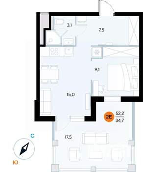 1-к квартира, строящийся дом, 52м2, 2/7 этаж