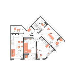 3-к квартира, строящийся дом, 81м2, 3/13 этаж
