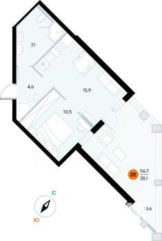 1-к квартира, строящийся дом, 56м2, 2/7 этаж