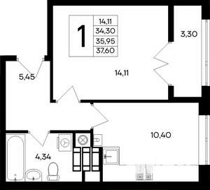 1-к квартира, строящийся дом, 38м2, 5/9 этаж