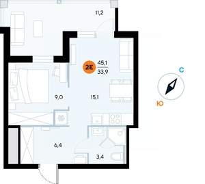 1-к квартира, строящийся дом, 45м2, 3/7 этаж