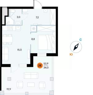 1-к квартира, строящийся дом, 54м2, 2/7 этаж