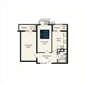 2-к квартира, вторичка, 60м2, 4/14 этаж