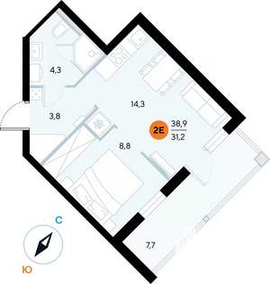 1-к квартира, строящийся дом, 39м2, 6/7 этаж
