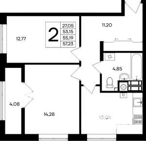2-к квартира, строящийся дом, 57м2, 2/8 этаж