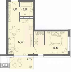 1-к квартира, вторичка, 45м2, 8/16 этаж