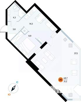 1-к квартира, строящийся дом, 68м2, 1/7 этаж