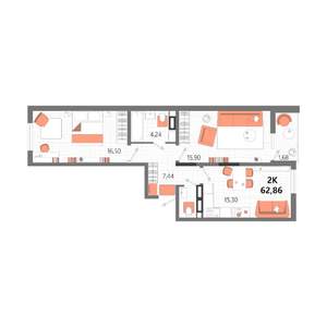 2-к квартира, вторичка, 63м2, 13/13 этаж