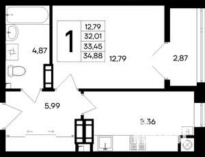 1-к квартира, строящийся дом, 35м2, 8/8 этаж